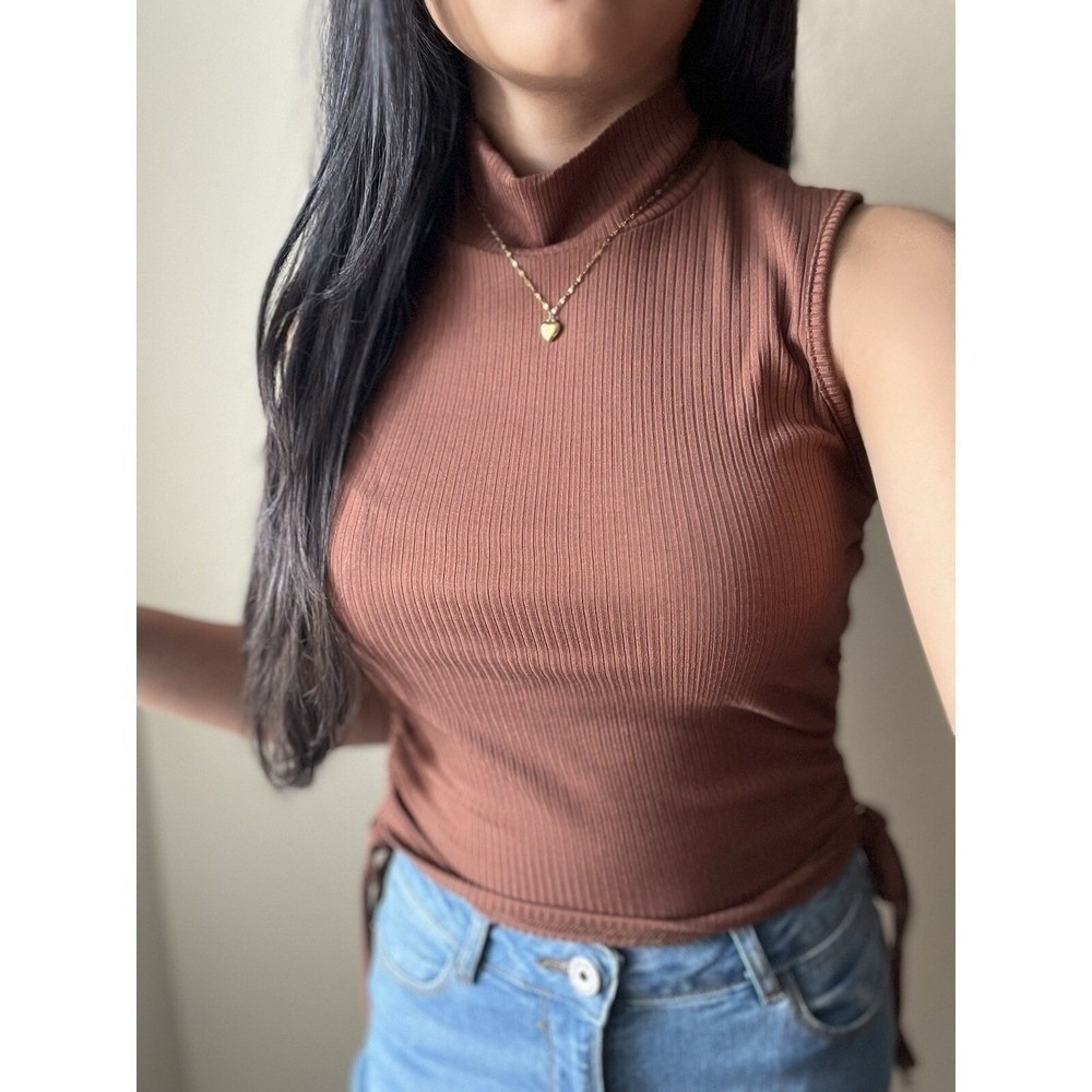 Nothing But Sexy Ribbed Mock Neck Top Large Brown Side Tie Sleeveless Autumn